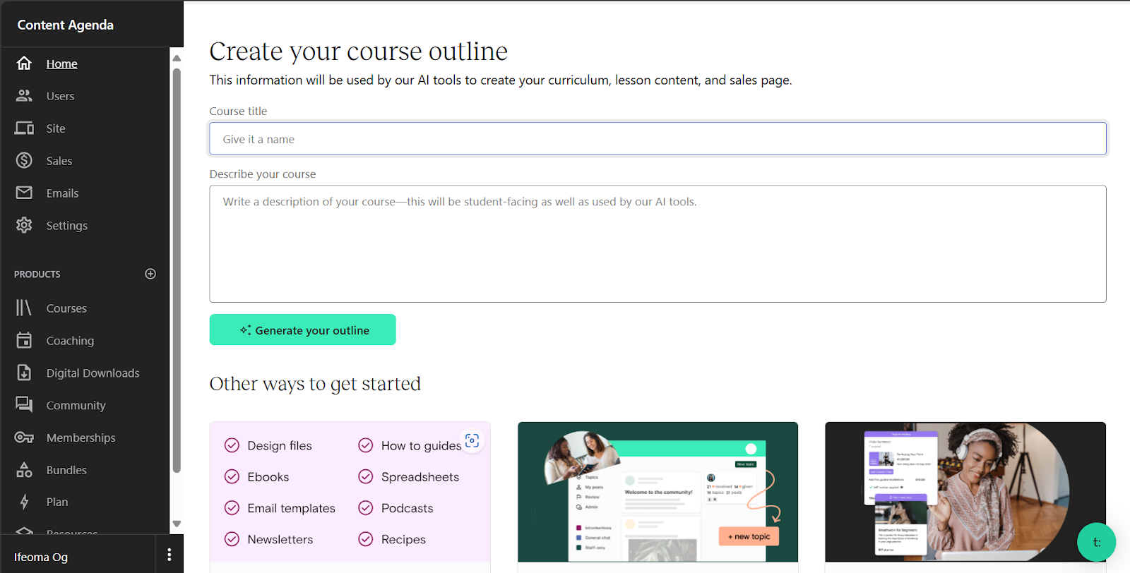 Teachable's course builder featuring and AI outline generator